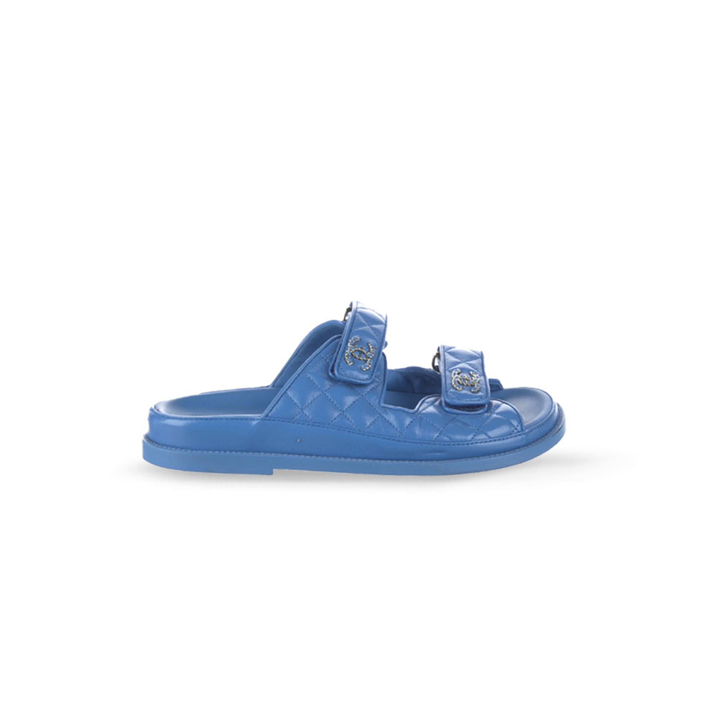 CHANEL LAMBSKIN QUILTED VELCRO DAD CHAIN CC SLIDE SANDALS